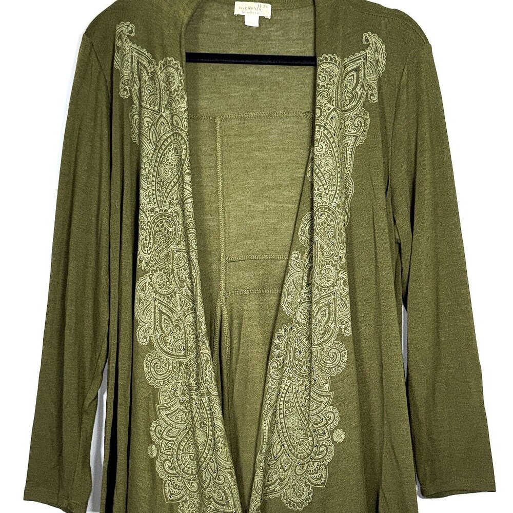 One World Let Live Paisley Rhinestone Floral Open Front Cardigan Sweater 2X